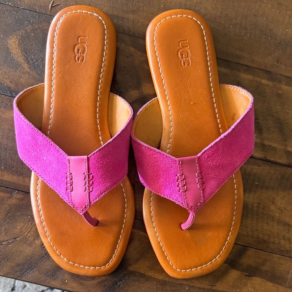 UGG Women's Hot Pink Suede Thong Sandals with Tan Footbed